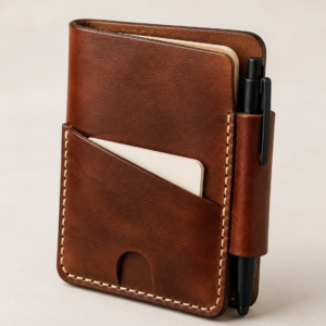 Chestnut brown leather pocket organizer with angled front card pocket notebook insert and side pen loop on a neutral background