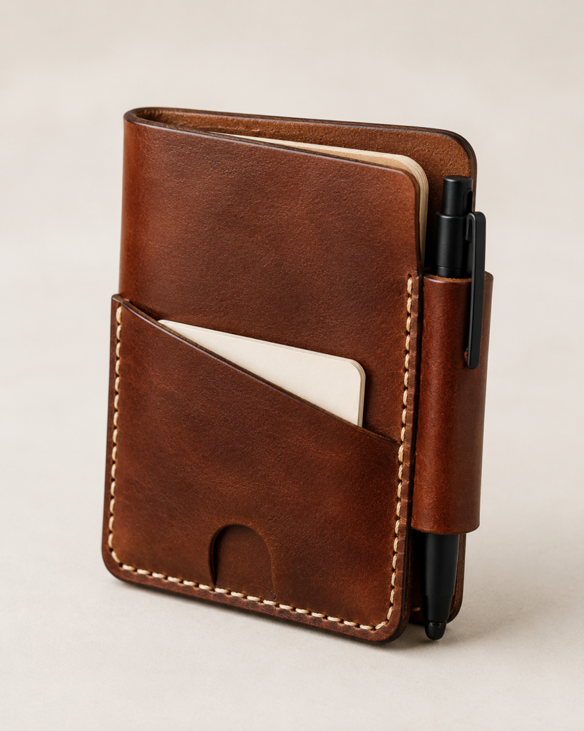 Chestnut brown leather pocket organizer with angled front card pocket notebook insert and side pen loop on a neutral background