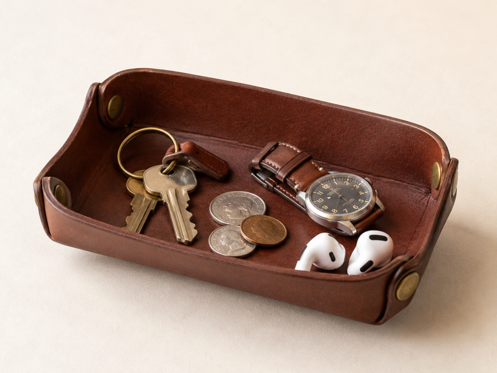 Brown leather catchall tray with brass hardware holding keys coins a watch and earbuds on a clean light background