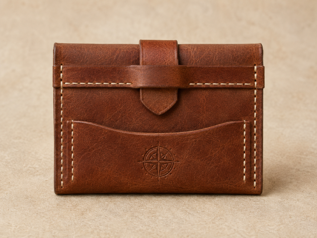 Chestnut brown leather Waypoint Tuckline Wallet with curved front card pocket, cream stitching, compass stamp, and hardware-free tuck-tab closure.