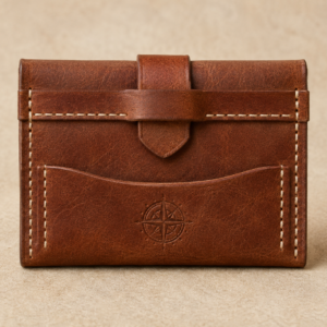 Chestnut brown leather Waypoint Tuckline Wallet with curved front card pocket cream stitching compass stamp and hardware free tuck tab closure