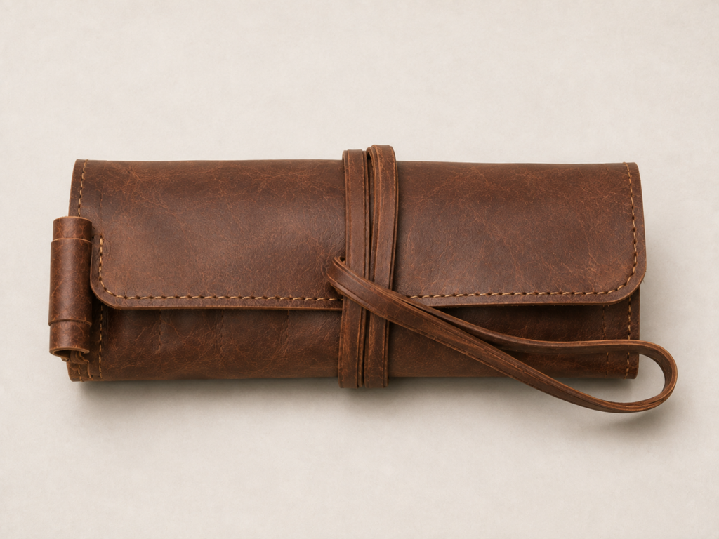 Chestnut brown leather Benchline Tool Roll rolled closed with a long leather wrap strap and fold-over protective flap.