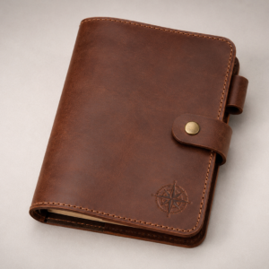 A handcrafted brown leather A5 journal cover with compass inspired tooling snap closure diagonal inner pocket and pen loop shown in a clean studio product image