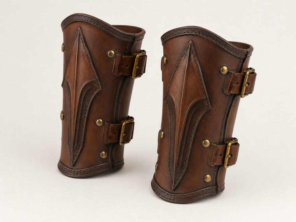 Hero - Old Line Crafts & Designs finished pair of Spearcrest Bracers on a clean background