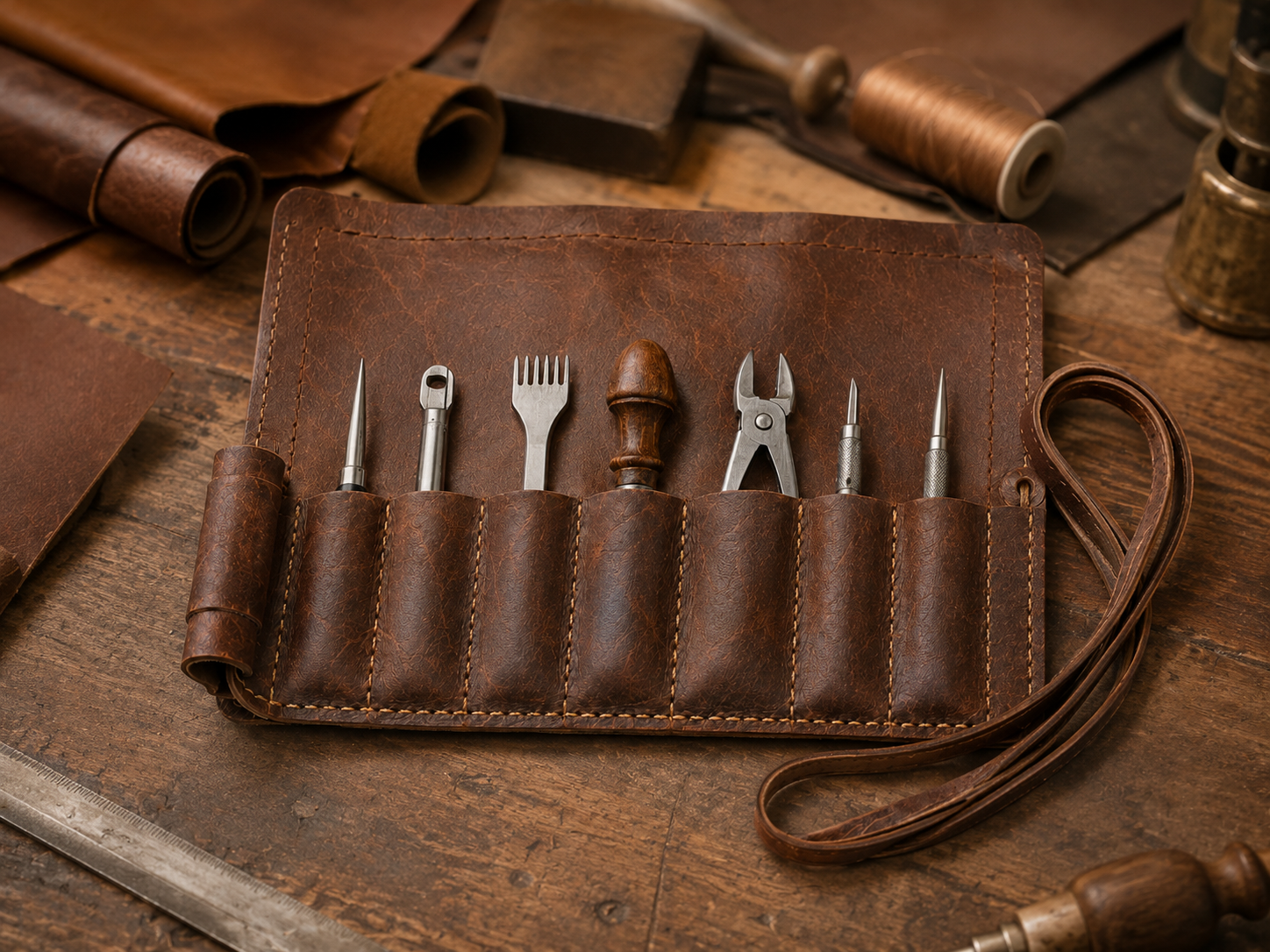 Lifestyle - Old Line Crafts & Designs Open chestnut leather tool roll holding seven workshop tools in graduated stitched pockets beneath an integrated fold over guard on a workbench with rolls of leather