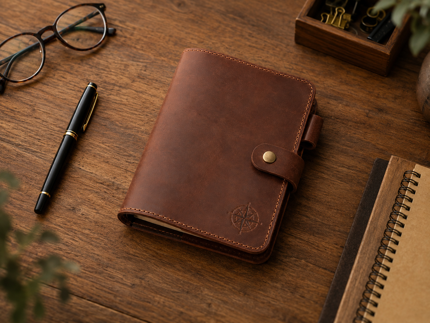 Lifestyle - Old Line Crafts & Designs A premium brown leather journal cover with a clean exterior visible snap closure strap and attached pen loop photographed on a desktop with a pen glasses notebook