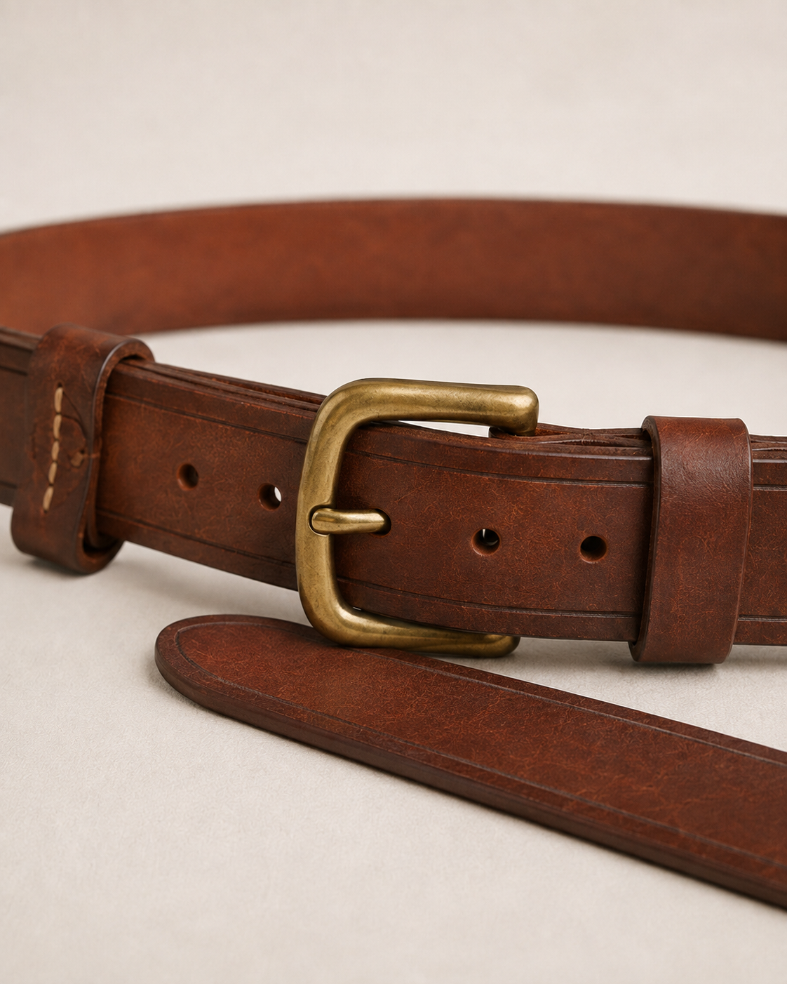 Roadwarden_Utility_Belt_Gallery_Buckle_Detail - Old Line Crafts & Designs Close up of a brown leather belt showing the brass buckle sizing holes stitched fixed keeper edge crease and shaped leather tail