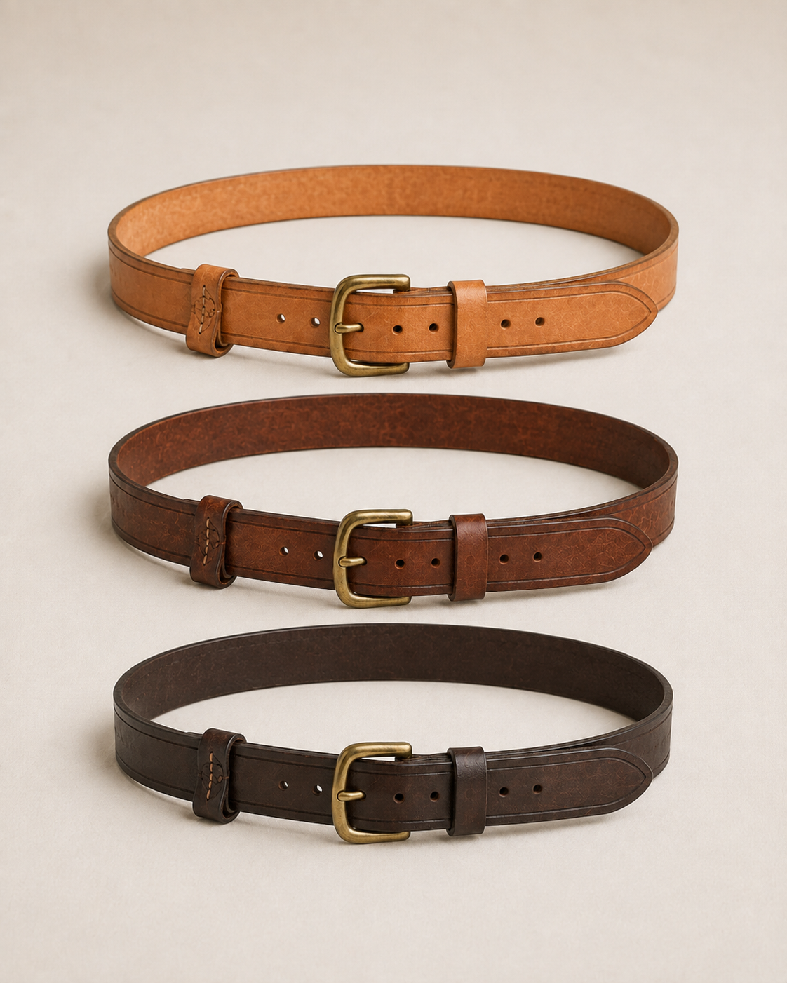 Roadwarden_Utility_Belt_Gallery_Color_Variations - Old Line Crafts & Designs Three Roadwarden style leather belts shown in natural tan medium brown and dark brown with brass tone buckles