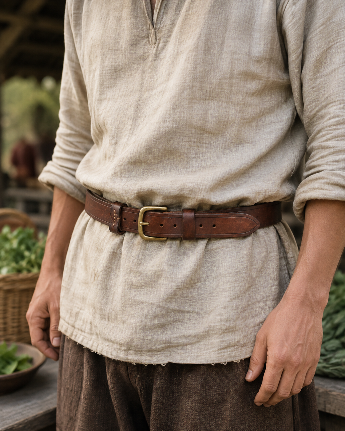 Roadwarden_Utility_Belt_Gallery_Lifestyle - Old Line Crafts & Designs Person in simple medieval style linen clothing wearing the brown Roadwarden Utility Belt at the waist in an outdoor market setting