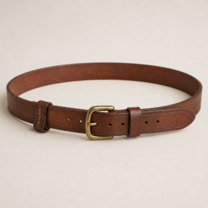 Brown leather Roadwarden Utility Belt with brass tongue buckle stitched keeper pointed tail and movable leather Field Loops on a light studio background