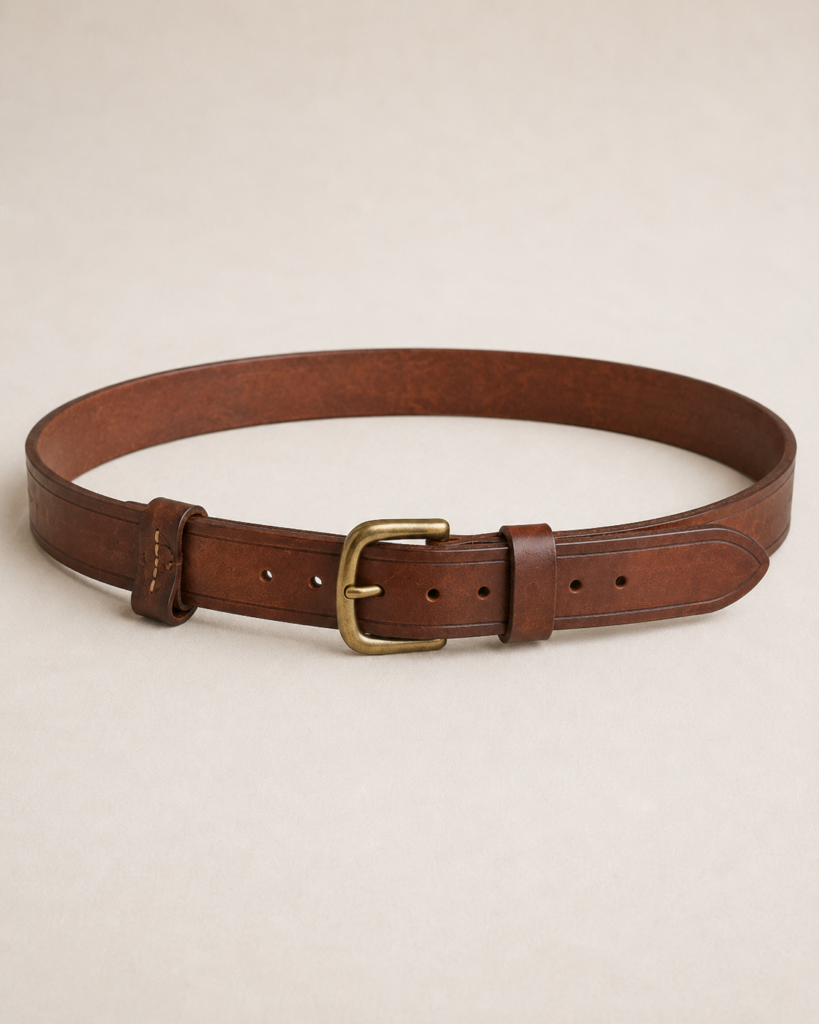 Brown leather Roadwarden Utility Belt with brass tongue buckle, stitched keeper, pointed tail, and movable leather Field Loops on a light studio background.