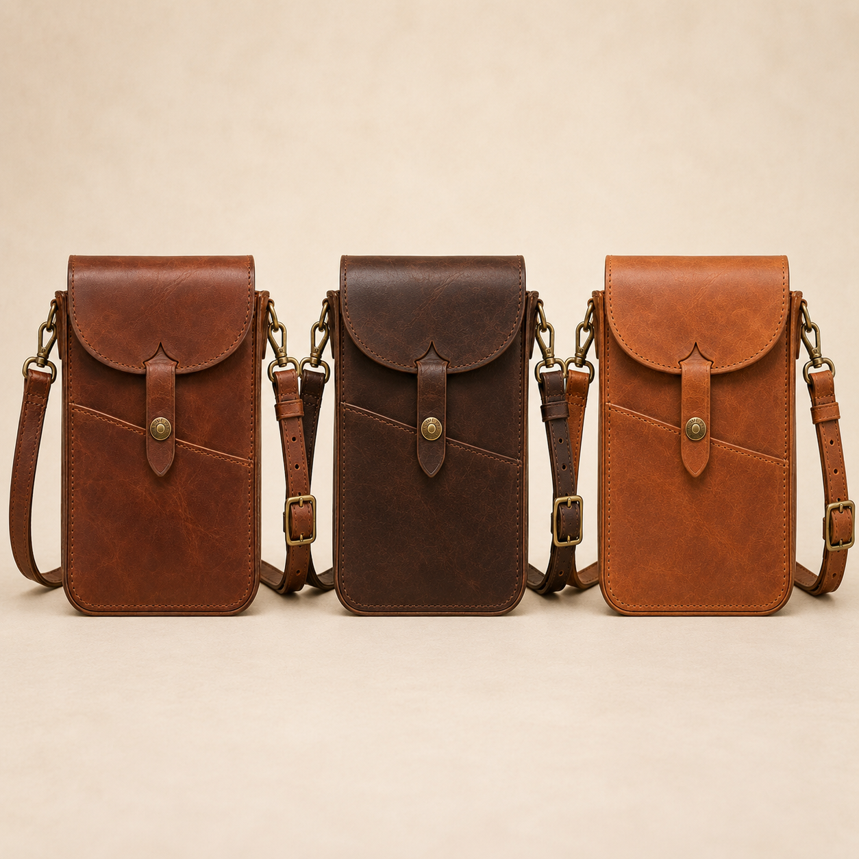 Variations - Old Line Crafts & Designs Three Waypoint Marketline Crossbody Bags in chestnut dark brown and natural tan leather with matching shoulder straps and antique brass hardware