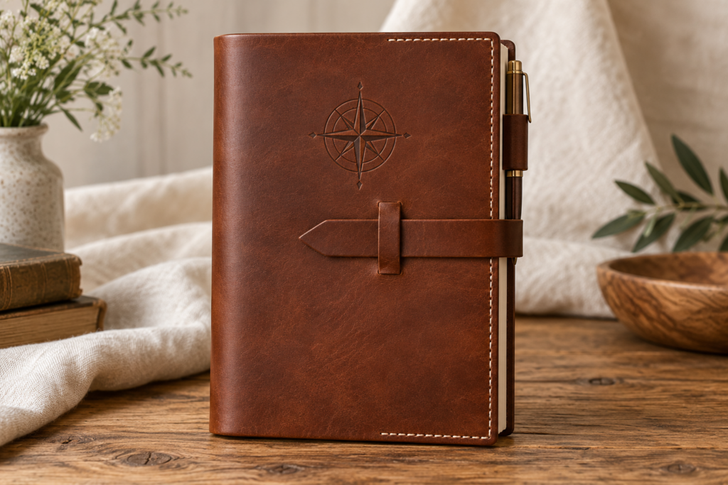 Concept rendering of a chestnut Waymark leather journal cover with compass tooling and tuck closure