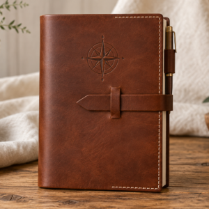 Concept rendering of a chestnut Waymark leather journal cover with compass tooling and tuck closure