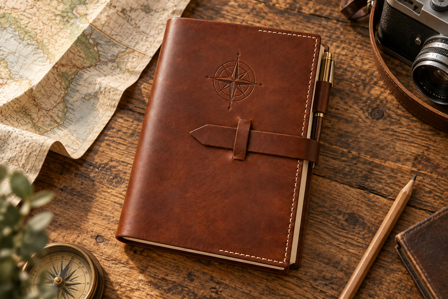 02_Traveler_Journal_Cover - Old Line Crafts & Designs Traveler journal cover concept beside a map and travel accessories