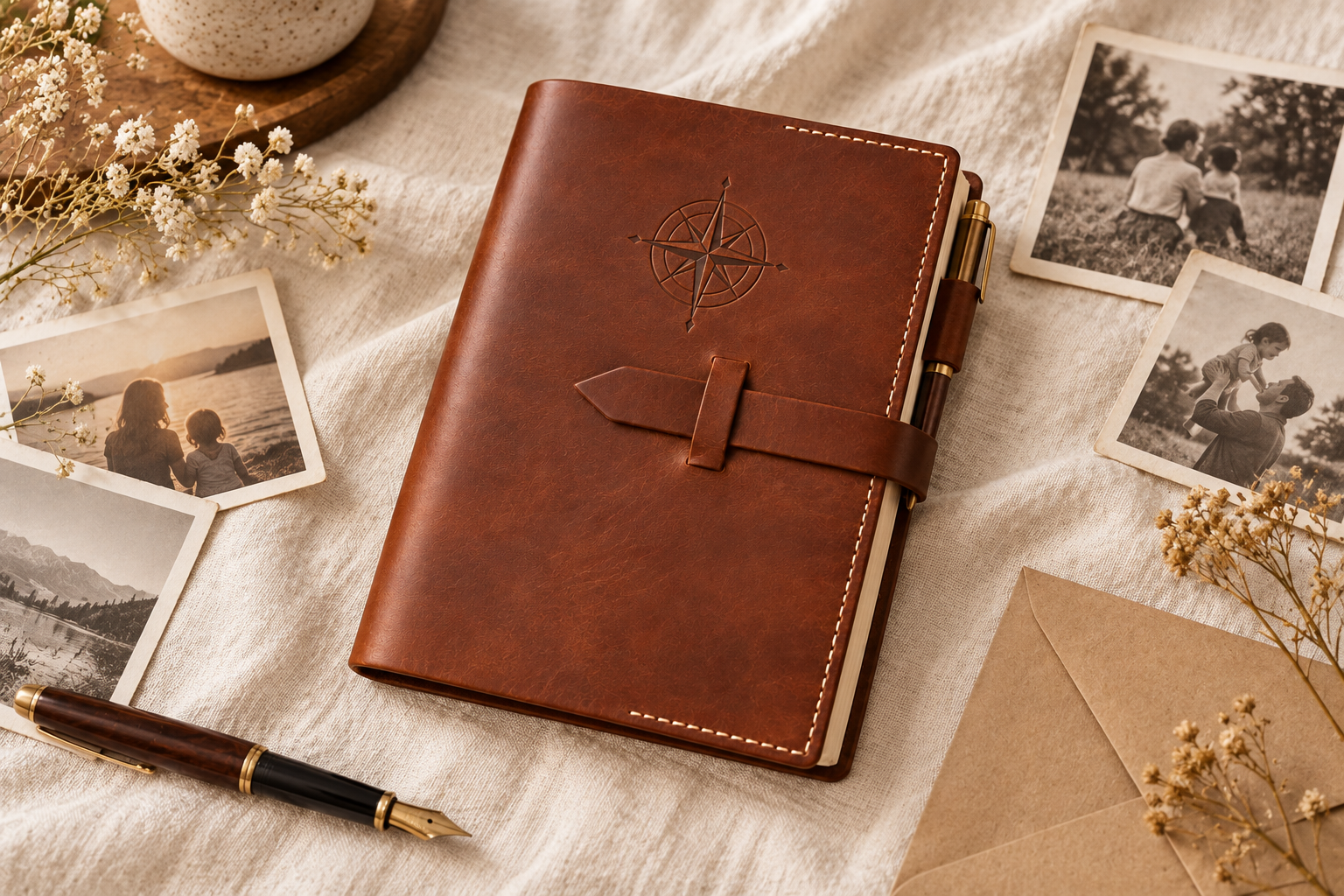 03_Memory_Journal_Cover - Old Line Crafts & Designs Memory journal cover concept styled with photographs an envelope and dried flowers