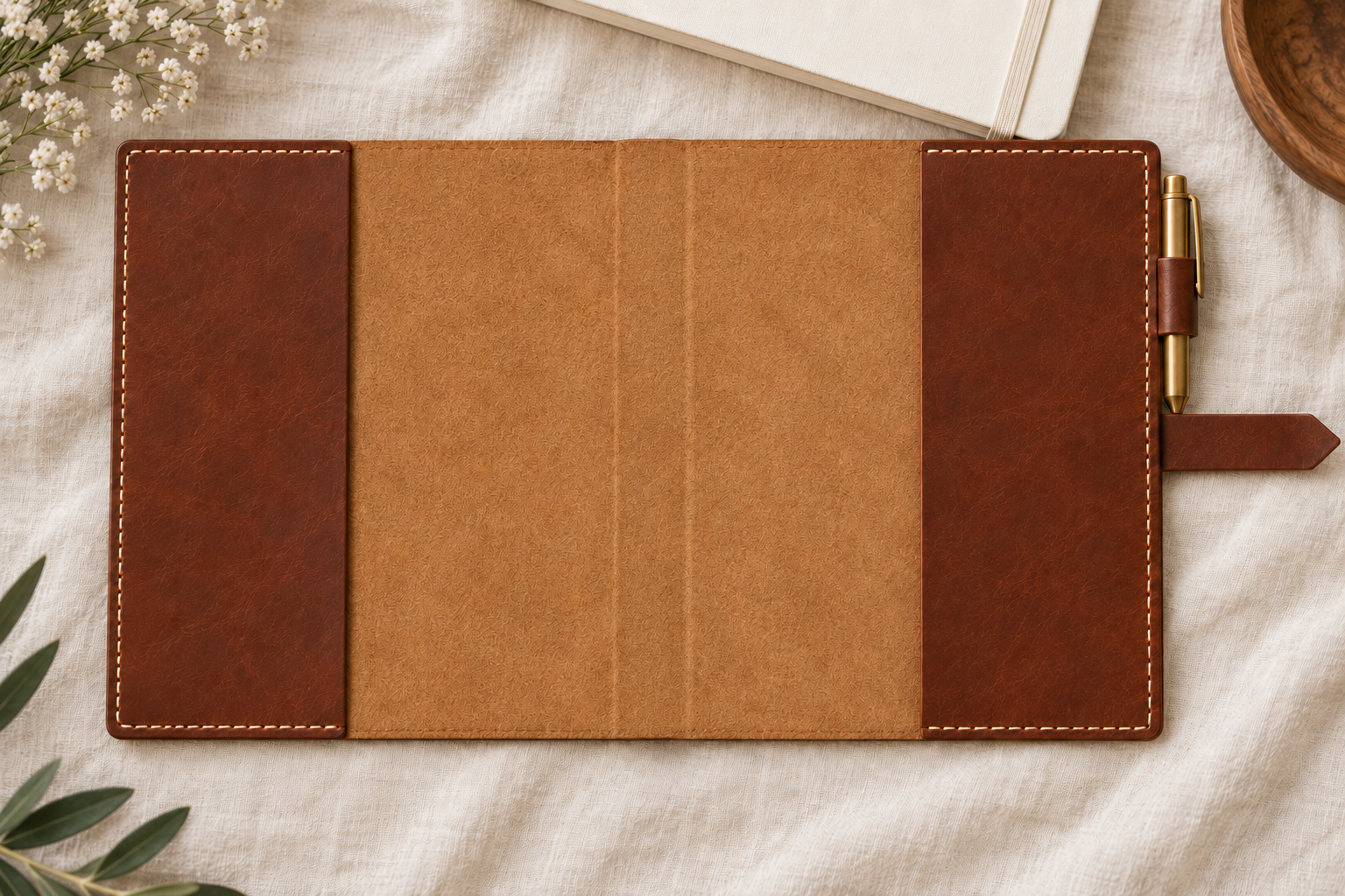04_Refillable_Interior - Old Line Crafts & Designs Open refillable leather journal cover concept showing two notebook retaining sleeves