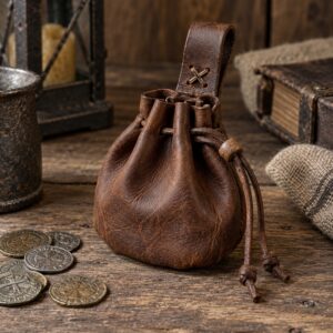 Rustic leather drawstring coin pouch with a rounded seamless body gathered top leather belt hanger loop and antique style coins on a wooden table