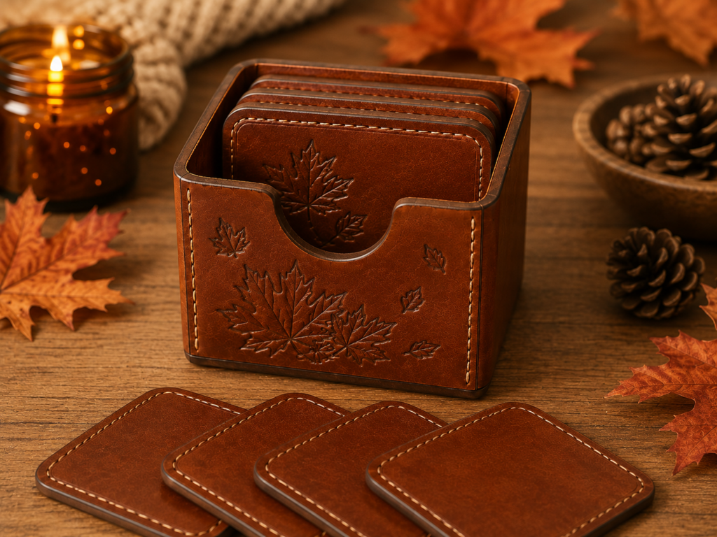 Chestnut leather coaster set with four square rounded coasters stored upright in a hand-stitched notched leather caddy, styled with autumn leaves and candlelight.