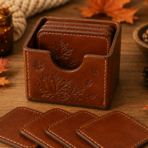 Chestnut leather coaster set with four square rounded coasters stored upright in a hand stitched notched leather caddy styled with autumn leaves and candlelight