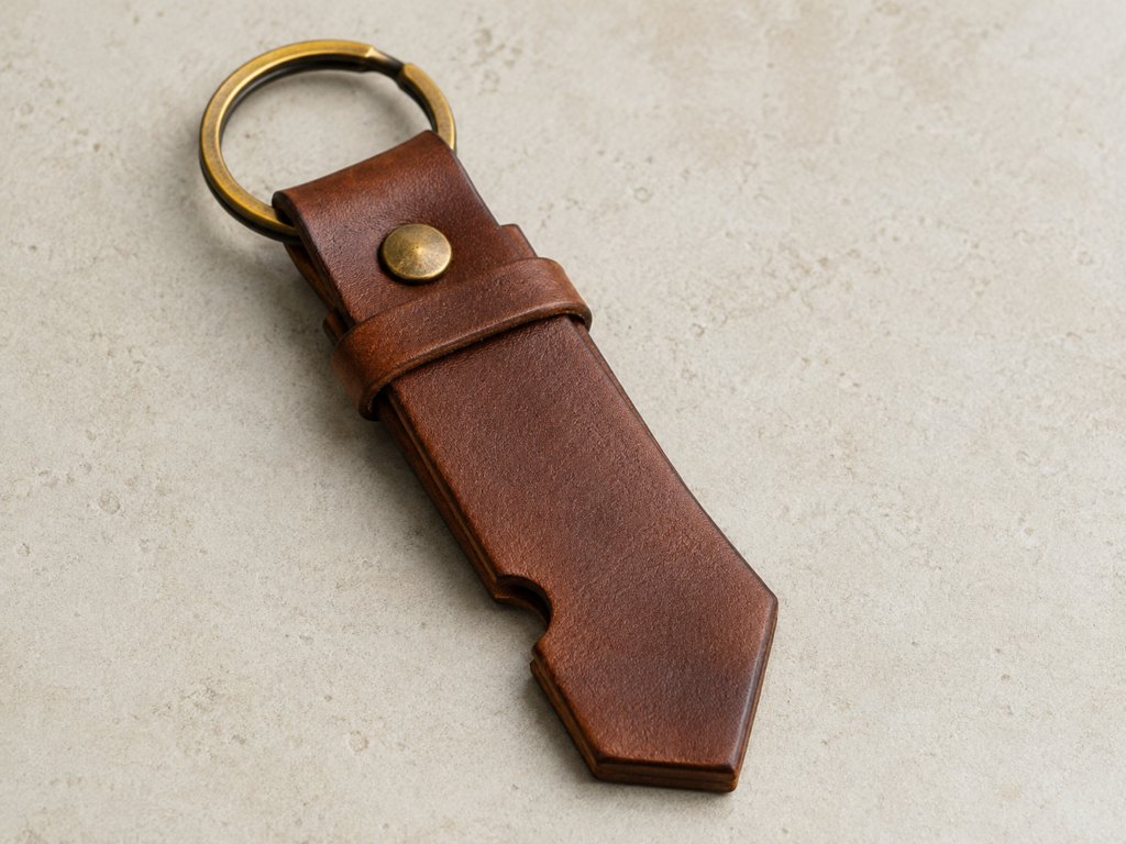 Brown layered leather Scout Key Fob with antique brass split ring on a neutral stone surface.