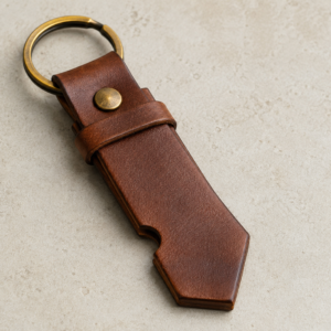 Brown layered leather Scout Key Fob with antique brass split ring on a neutral stone surface