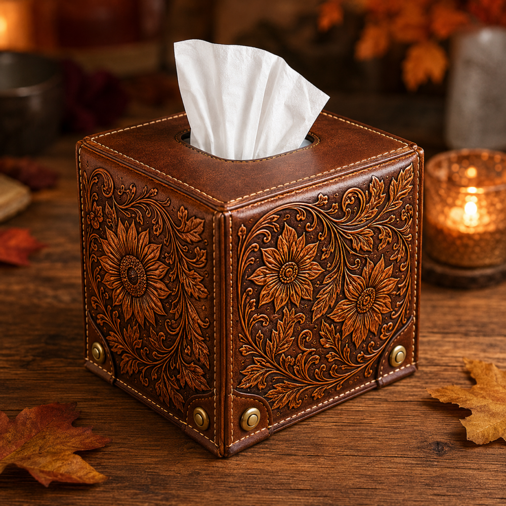 Brown tooled leather Autumn Bloom tissue box cover with sunflower and leaf tooling, cream stitching, brass corner accents, and a white tissue in a warm Fall setting.