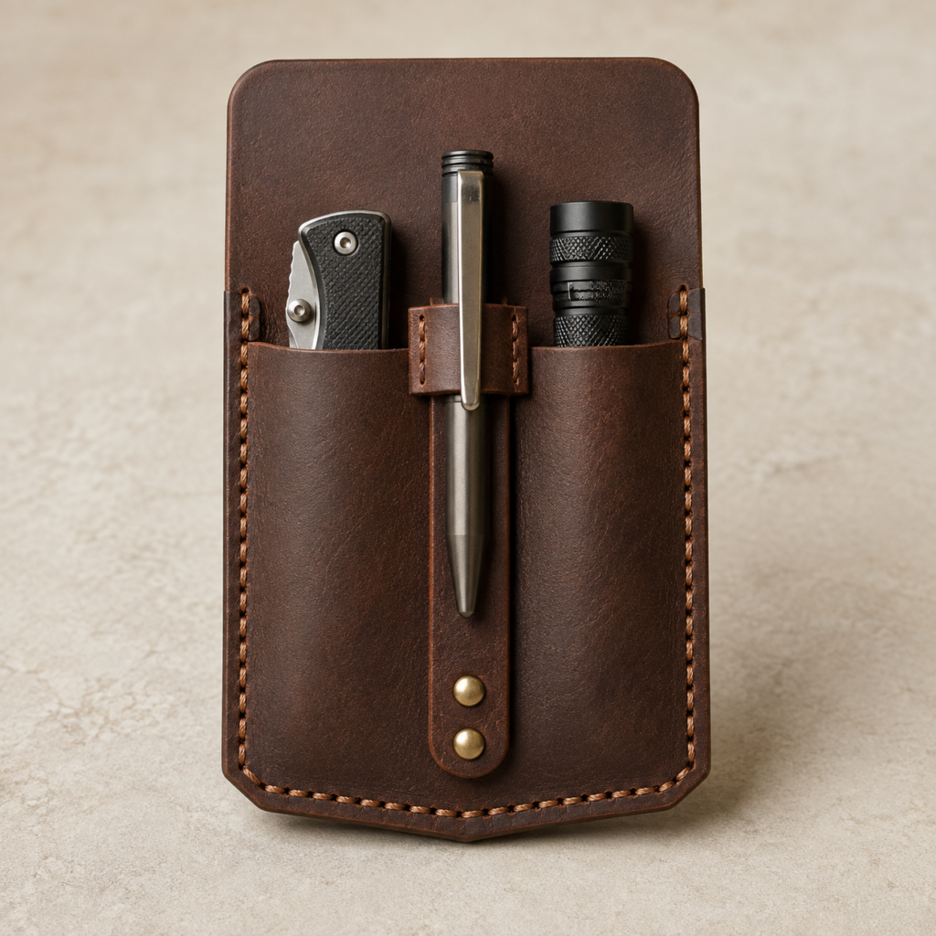 Brown leather Waypoint Relay Pocket Caddy holding a folding knife slim flashlight and pen clipped to the floating center rail