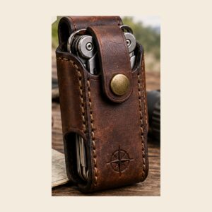 Brown leather Waypoint Crosscarry multitool sheath with snap closure and compact EDC multitool shown as a finished belt sheath