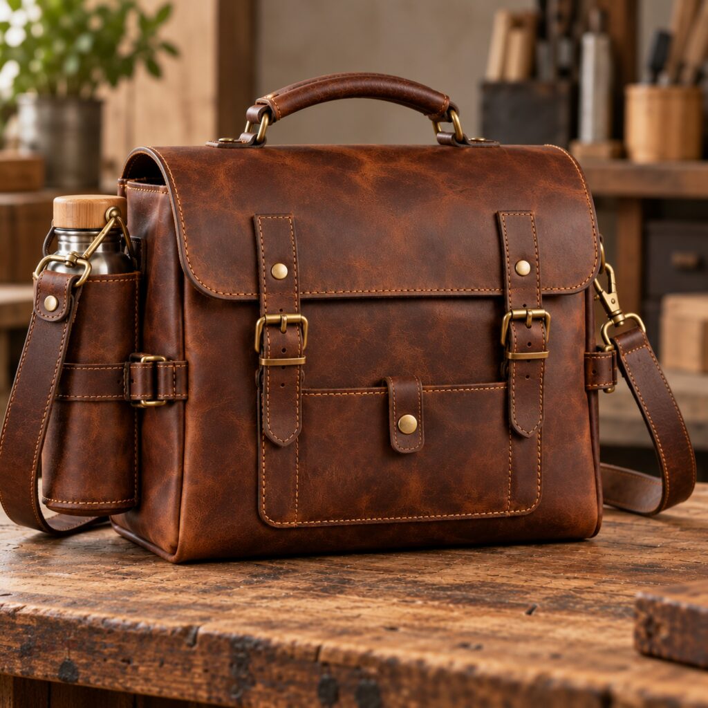 Front view of the Millwright Lunch Satchel, a handmade-style leather lunch bag with buckle flap, top handle, front utensil pocket, and side bottle sleeve.