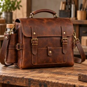 Hero_Millwright_Lunch_Satchel_2000x2000 - Old Line Crafts & Designs Front view of the Millwright Lunch Satchel a handmade style leather lunch bag with buckle flap top handle front utensil pocket and side bottle sleeve