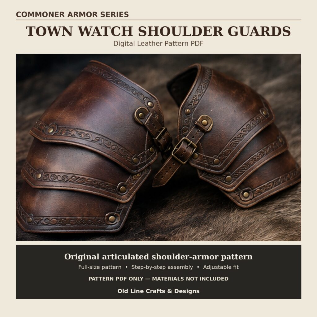 Hero_Town_Watch_Shoulder_Guards_2000x2000 - Old Line Crafts & Designs Two brown leather Town Watch Shoulder Guards displayed as a matched pair showing layered plates clean edges and adjustable straps in the Commoner Armor Series