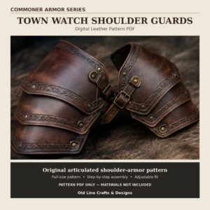 Two brown leather Town Watch Shoulder Guards displayed as a matched pair showing layered plates clean edges and adjustable straps in the Commoner Armor Series