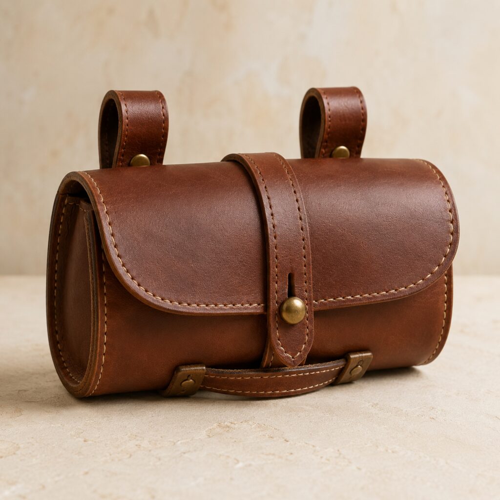 Brown leather Trailpost Saddle Bag shown in a clean studio product photo featuring a curved flap center strap closure and twin top mounting loops