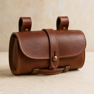 Hero_Trailpost_Saddle_Bag_2000x2000 - Old Line Crafts & Designs Brown leather Trailpost Saddle Bag shown in a clean studio product photo featuring a curved flap center strap closure and twin top mounting loops