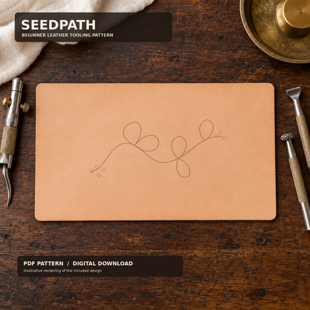 Seedpath_01_Hero - Old Line Crafts & Designs Hero banner showing SEEDPATH and BEGINNER LEATHER TOOLING PATTERN on a dark label over a wood workspace with leather tools